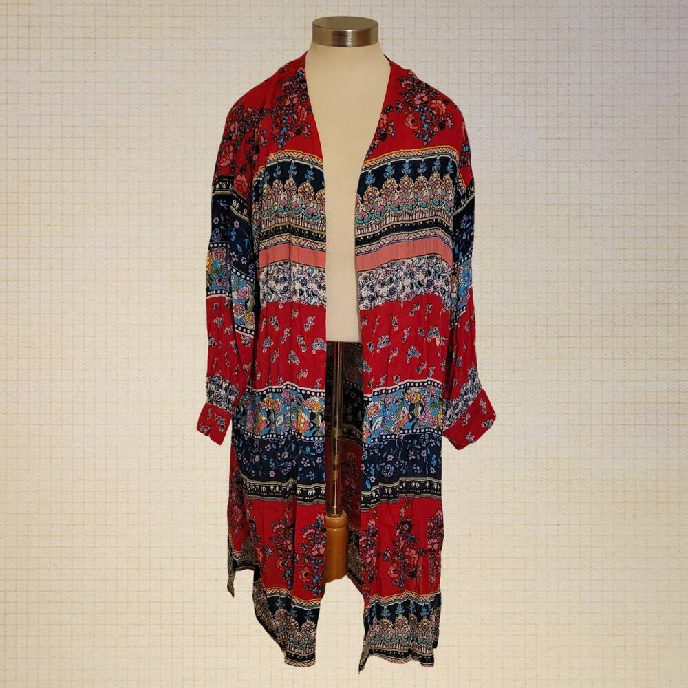 Boho 2000s Patrons of Peace Rayon Cardigan Floral Border Size S Flowy Sleeve